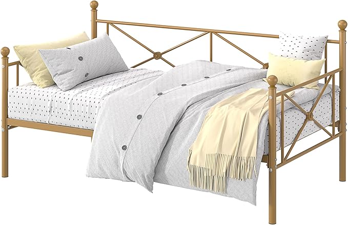 VECELO Twin Daybed Frame, Metal Day Bed with Stylish Headboard, Multifunctional Platform Beds for Bedroom, Guest Room, No Boxing Spring Needed, Golden