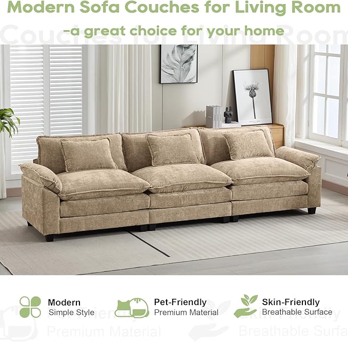120" Modular Sectional Sofa, Comfy Cloud Couch Sectional, Chenille Sofa Sleeper Deep Seat Sofa with Throw Pillows for Living Room (Khaki, 120"- 3 Seater)
