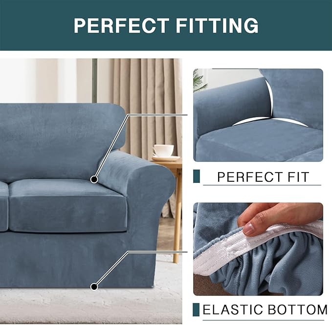FantasDecor 3 Piece Sofa Covers Velvet for 2 Cushion Couch Stretch Loveseat Slipcover with Individual Seat Elastic Furniture Protector for Pets (Sofa, Stone Blue)