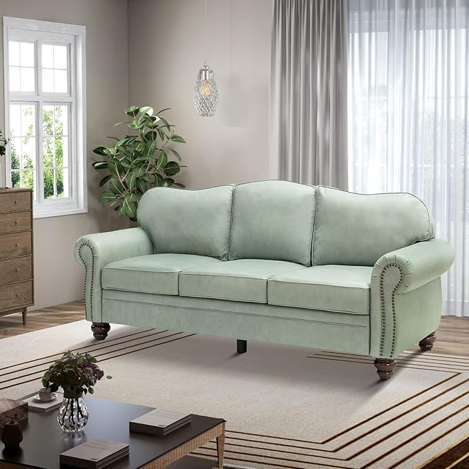 HULALA Home 81'' Genuine Leather Sofa with Nailhead Trim and Rolled Armrests, Mid-Century Modern Living Room 3-Seater Couch, Sage Couch with Removable Cushion for Bedroom Apartment