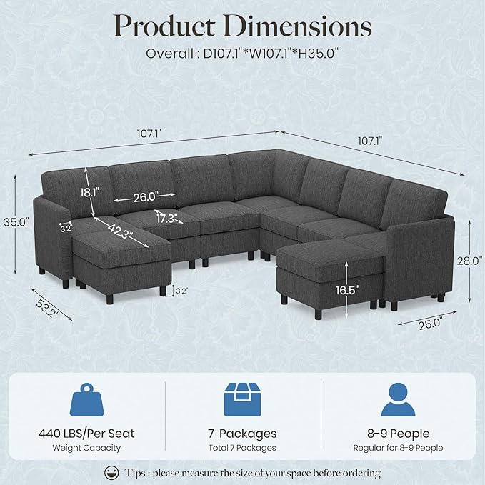 Belffin 107.1" 9 Seats Modular Sectional Sofa U Shaped Couch Big Corner Washable Sectional Couches for Living Room Comfy Couches with Storage Seat Couch Sofas with Chaise,Dark Grey