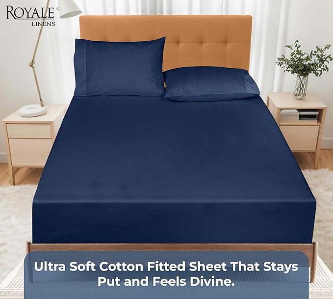 Royale Linens 100% Organic Cotton Fitted Sheet - Percale Weave - Super Soft Deep Pocket Bottom Sheets - Navy Elastic Sheet Full Size - Full Fitted Sheets Only - (54"x75"+15", Navy)