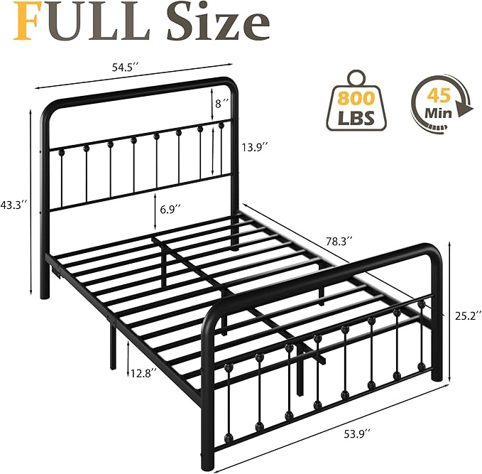 Fluest 14 Inch Full Bed Frame Classic Metal Platform Bed Frame with Charging Station & LED, Victorian Style Iron-Art Headboard/Footboard, Under Bed Storage, No Box Spring Needed, Noise Free