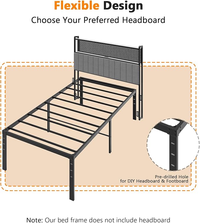 VINGLI 16 Inch Twin Bed Frame, Heavy Duty Metal Platform, No Box Spring Needed, Sturdy Steel Slat Support, Easy Assembly, Noise-Free, 14.4 Inch Underbed Storage,Black