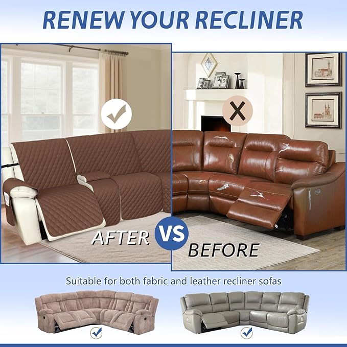 Arfntevss Recliner Sectional Couch Covers 1OO% Waterproof L Shape Sofa Cover for Reclining L Shaped Sectional Slipcover Dog Washable Corner Non Slip Protector (5 Seater with 2 Console, Coffee)
