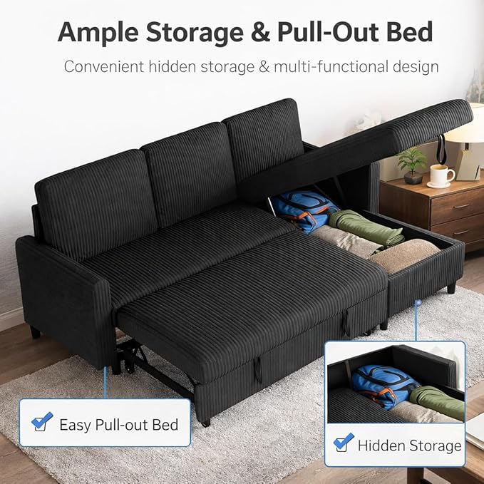 JAMFLY Pull Out Sleeper Sofa Bed with Storage Chaise, L-Shaped Corduroy Sectional Couch, 3-Seater Convertible Sofa with Hidden Storage for Small Living Room, Apartment, Office, Black
