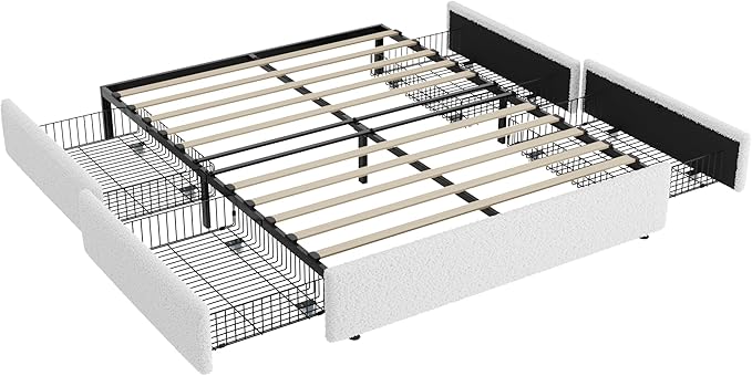 Allewie Full Size Bed Frame with 4 Oversized Storage Drawers, Soft Teddy Fabric, Boucle Upholstered Platform Bed, Wooden Slats Support, Noise-Free, No Box Spring Needed, Easy Assembly, White