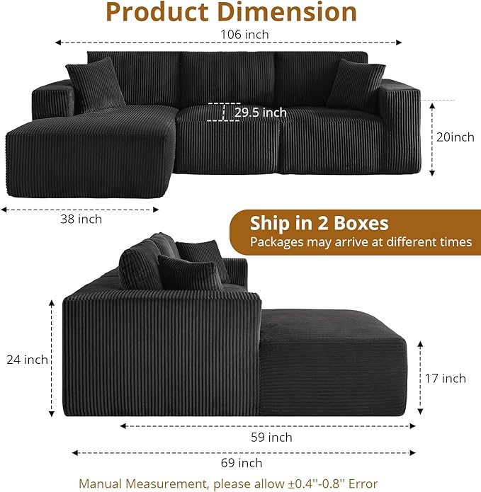 Sectional Cloud Boneless Couch 108" Modern Comfy L-Shape No Assembly Required Convertible Compression Sleeper Modular Sofa with Corduroy Fabric Deep Seat Loveseat + Chaise for Living Room