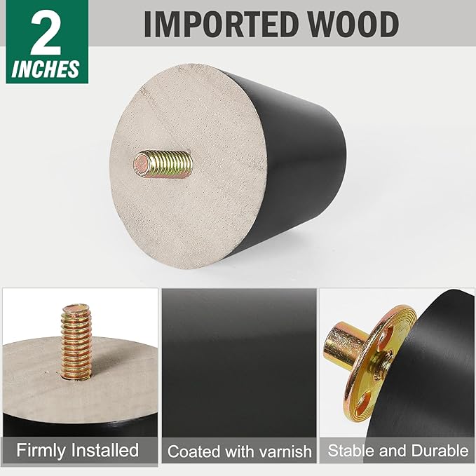 FoDau770 Black Rubber Wood Furniture Legs 2 Inches, Straight Tapered Wood Feet Mid Century Sofa Legs Set of 8, 5/16" UNC Furniture Feet for Cabinet Couch Dresser Chair Ottoman Table