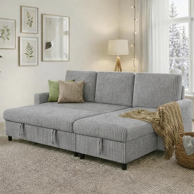 JAMFLY Pull Out Sleeper Sectional Sofa, L Shaped Corduroy Couch with Hidden Storage, Convertible Sofa Bed for Small Living Rooms and Apartments, Light Grey