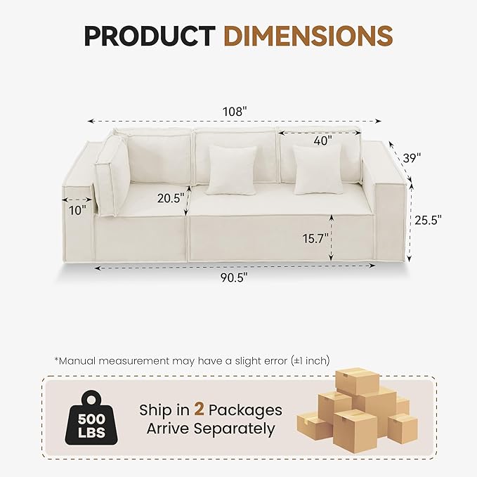 108'' Comfy Chenille Boneless Couch, Oversized Modular Sectional 3 Seater Sofa, Modern Deep Seat Corner Cloud Compressed Couch, No Assembly Sleeper Sofa with Chaise for Living Room, Beige