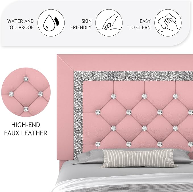 Queen Bed Frame, Faux Leather Platform Bed with Upholstered Diamond Headboard, Mattress Foundation with Strong Wooden Slats Support, No Box Spring Required, Easy Assembly, Pink