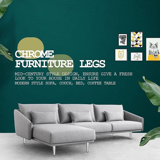 4pcs 4 Inch Furniture Legs, Straight Conical Metal Legs Chrome Mid-Century Style Furniture Feet for Sofa Cabinet Table Chair Cupboard Couch Ottoman Home DIY Projects