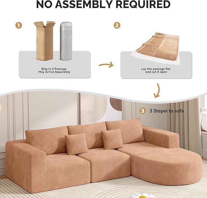 Boneless Couches for Living Room,Cloud Sectional Couch with L-Shape Chaise,Modern Modular Sofa with Deep Seat Upholstered Comfy Couches for Bedroom,No Assembly Required,1PCS