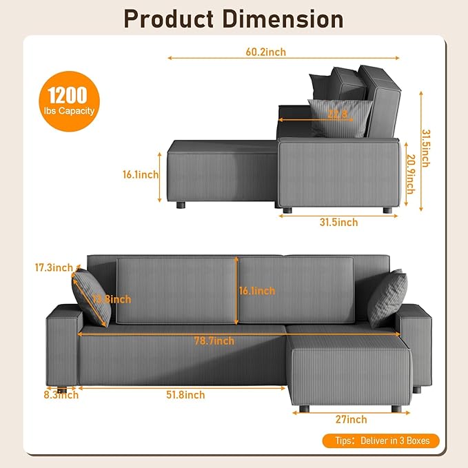 GAOMON Fine Stripe Corduroy Sectional Sofa, l Shaped Modern Corduroy Couch, Comfy Sofa Couch with Deep Chaise for Living Room, Apartment, Hotel, 96" w*61" d*32" h, Dark Grey