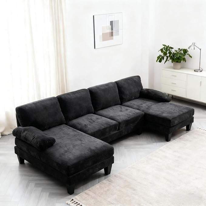 Karl home 111" Sectional Sofa U-Shaped 4-Seat Couch with Chaises Wood Grian Legs Chenille Fabric Upholstered for Living Room, Apartment, Office, Black