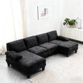 Karl home 111" Sectional Sofa U-Shaped 4-Seat Couch with Chaises Wood Grian Legs Chenille Fabric Upholstered for Living Room, Apartment, Office, Black