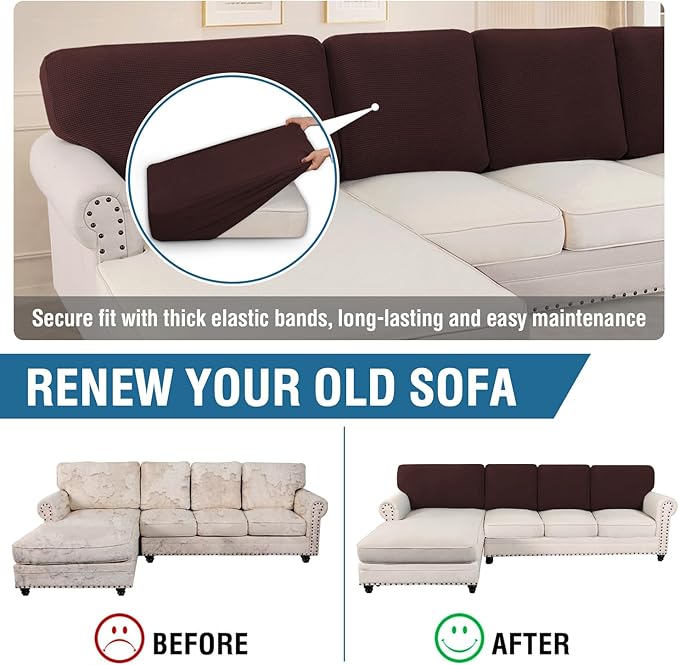 H.VERSAILTEX Backrest Cushion Covers Sectional Couch Back Cushion Covers for Sectional Sofa Set for Both Left/Right Couch (Back Only: 1 Chaise + 3 Sofa, Chocolate)