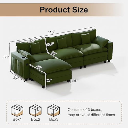 116" Modular Sectional Sofa, L Shaped Cloud Couch with Movable Ottoman, Chenille Deep Seat Cloud Sofa with Charging Station, Cup Holder, Side Pocket, Sectional Couches for Living Room, Green