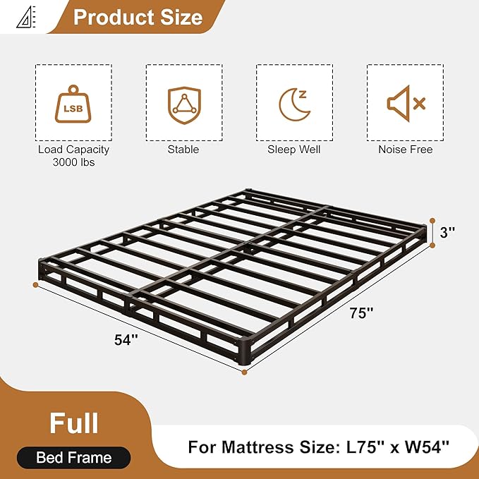 Lutown-Teen 3 Inch Full Size Box Spring Low Profile, Heavy Duty Metal Box Spring Full Bed Base with Fabric Cover, Mattress Foundation, Noise Free, Easy Assembly