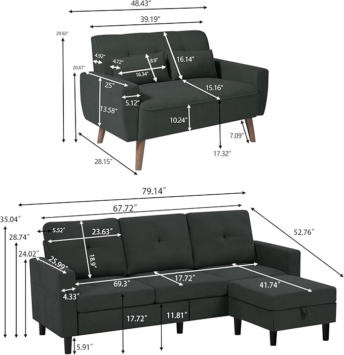 Convertible Sectional Sofa Set, Small L Shaped 3-Seat Couch with Reversible Chaise and Accent Chair, Modern Polyester Sofas Couches for Living Room, Black