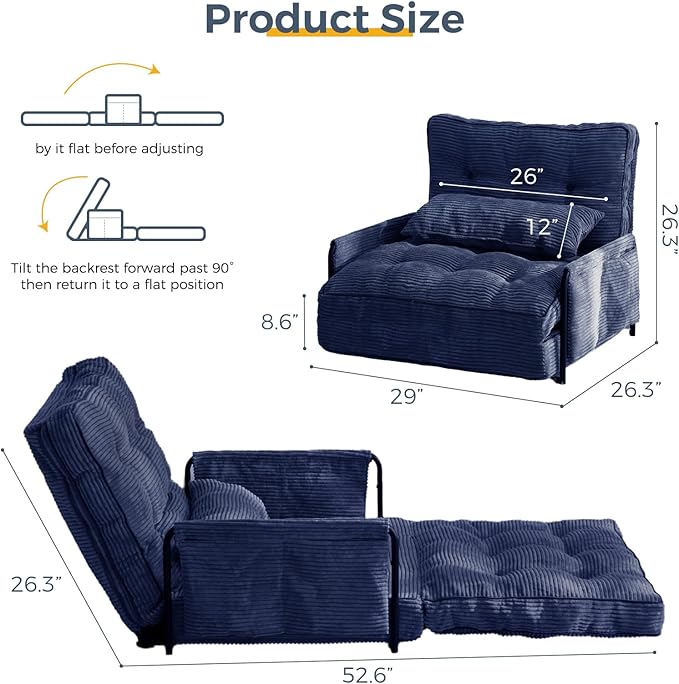 MAXYOYO Adjustable Floor Sofa Couch with Pillow, Multi-Functional Bean Bag Bed, 5-Position Foldable Lazy Sofa Sleeper Bed with Armrest, Versatile Floor Seating for Reading Gaming, Navy, Single