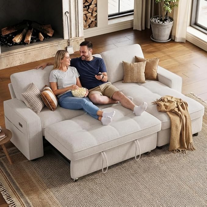 WEUP Modular Sectional Sleeper Sofa Bed, 81" L-Shaped Couch Bed with Adjustable Backrest, Pull Out Couch with Reversible Chaise Storage, USB Charging & Tool-Free Assembly, Chenille Beige | Breathable material, Tool-Free Assembly, Reclining Backrest
