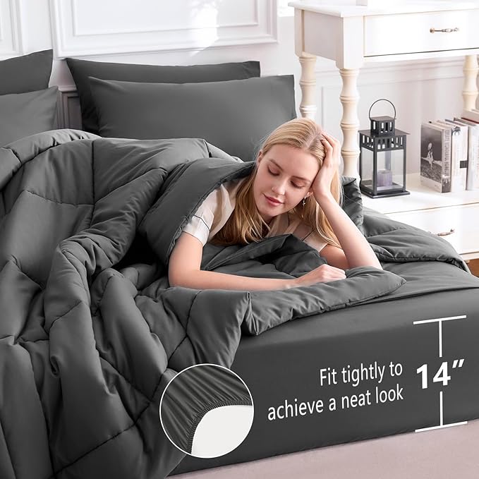 CozyLux Twin Comforter Set with Sheets Dark Grey, 5 Pieces Bed in a Bag, Dark Gray Comforter Twin Size, All Season Bedding Set with Stitch Quilted Comforter, Flat Sheet, Fitted Sheet, Pillowcases