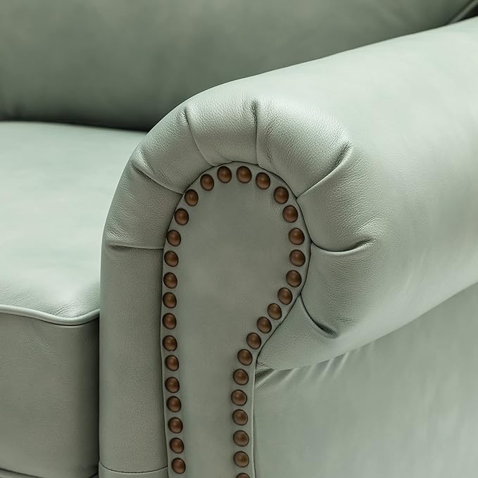 HULALA Home 81'' Genuine Leather Sofa with Nailhead Trim and Rolled Armrests, Mid-Century Modern Living Room 3-Seater Couch, Sage Couch with Removable Cushion for Bedroom Apartment