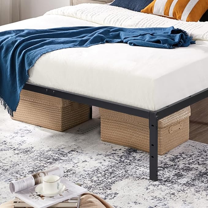 FurnitureR Modern Metal Platform Bed, Full/Twin Size Bed Frame with 14.2" Under-Bed Storage, Sturdy Locking Mechanism, Easy Assembly for Bedroom or Guest Room, Black (Full)