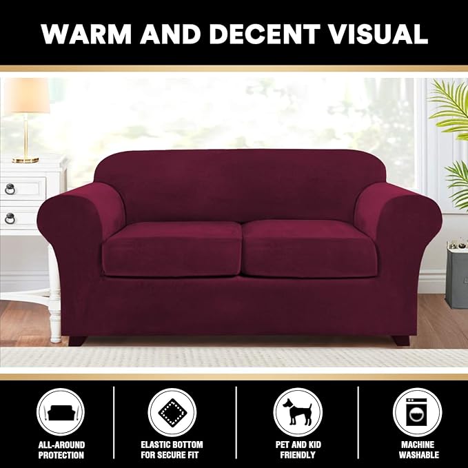 PrinceDeco Velvet Couch Cover Loveseat Covers for 2 Cushion Couch 3 Piece Sofa Covers for Dogs Washable Loveseat Covers Width Up to 72 Inch No Slip Stretch Sofa Slipcover(Medium, Burgundy)