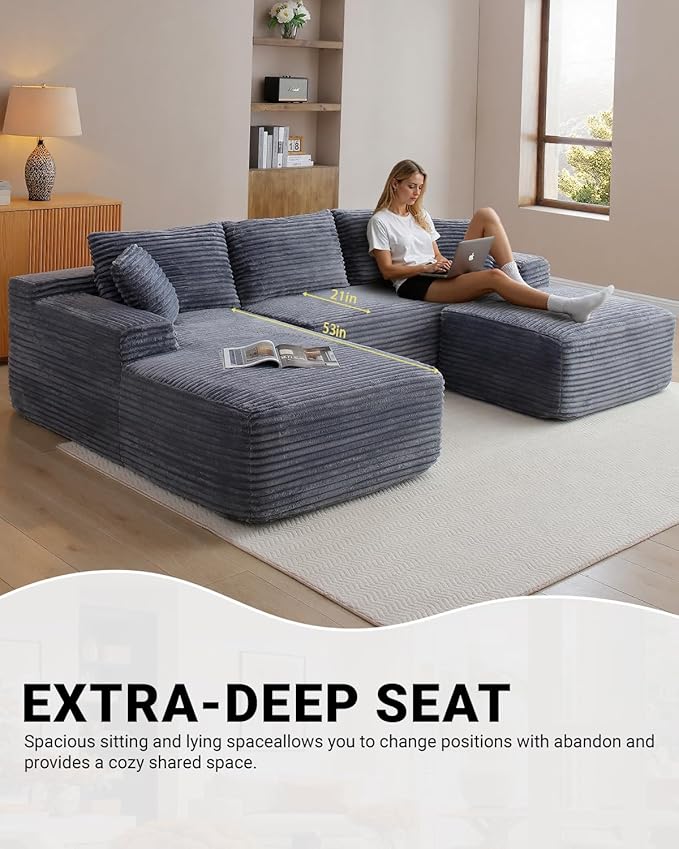 108" Cloud Sectional Couch,Modern Modular Sectional Sofa with Deep Seat,Corduroy Boneless Couches with L-Shape Chaise for Living Room,No Assembly Required (Grey, Left Facing Chaise + Ottoman)