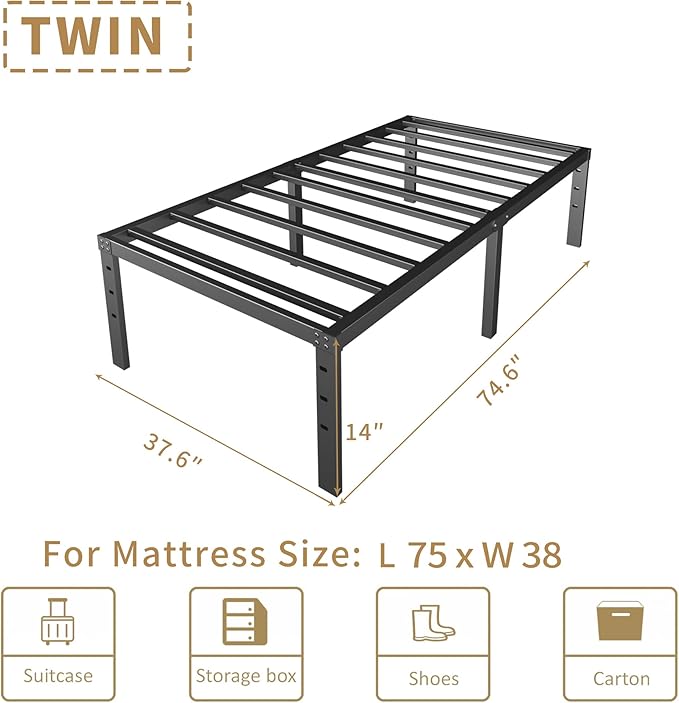 HOBINCHE 14 Inch Metal Twin Bed Frame No Box Spring Needed - Easy Assembly Heavy Duty Noise Free Narrow Bedframes - Single Black Basic Non Squeak Steel Slats Platform with Storage