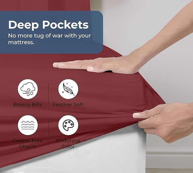Royale Linens 100% Organic Cotton Fitted Sheet - Percale Weave - Super Soft Deep Pocket Bottom Sheets - Elastic Sheet King Cal Size - California King Fitted Sheets Only - (72"x84"+15", Red)