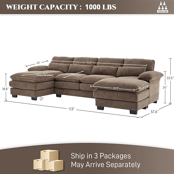 113" Cloud Couch Sectional Modular Sofa U Shaped Sectional Couches for Living Room Comfy 5-Seater Deep Seat Couch Chenille Cloud Sectional Sofa with Movable Ottoman & 4 Pillows, Brown