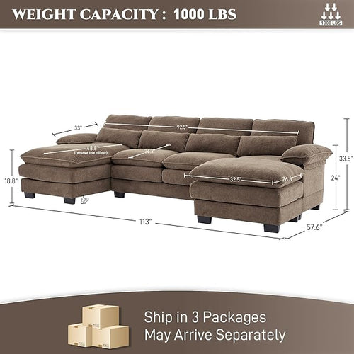 113" Cloud Couch Sectional Modular Sofa U Shaped Sectional Couches for Living Room Comfy 5-Seater Deep Seat Couch Chenille Cloud Sectional Sofa with Movable Ottoman & 4 Pillows, Brown