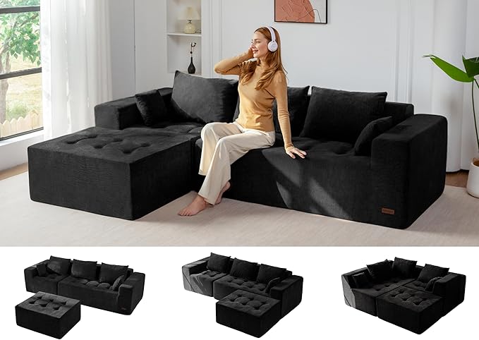MAXYOYO Modular Sectional Sofa Couch, L Shaped Boneless Cloud Couch with Flexible Ottoman, Chenille Upholstered Living Room Sleeper Sofa Chair for Living Room, No Assembly Required, Black