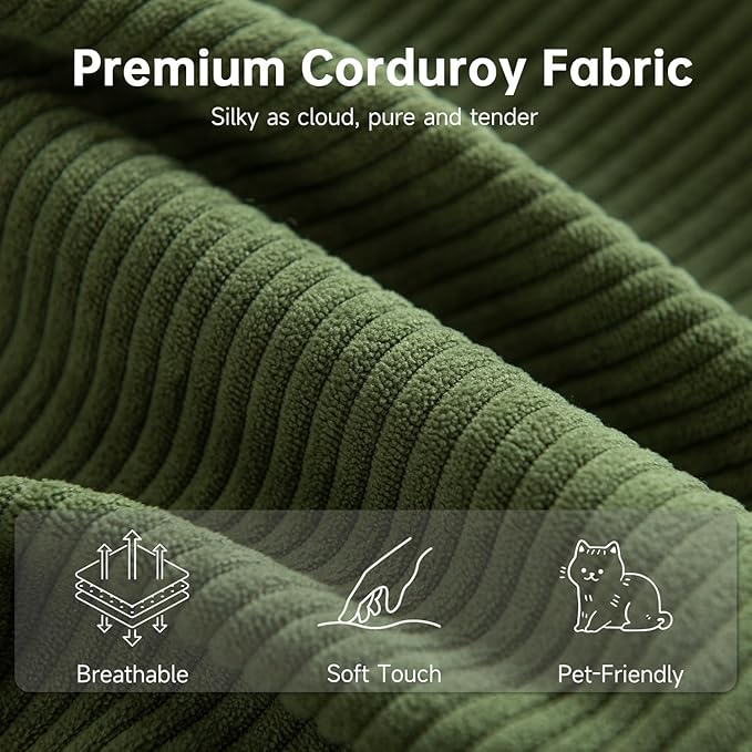 CUGOAO 152'' Modern Boneless Couch, Oversized 2-in-1 Modular Sectional Sofa Bed, Extra Deep Seat Upholstery Cloud Couch, Boneless Couches for Living Room, No Assembly Required, Green Corduroy