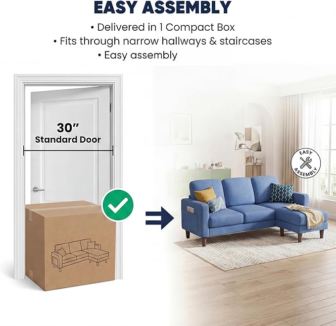 YESHOMY L-Shaped Sofa Couch, Small Couch with Reversible Chaise and Ottoman, Convertible Sectional Comfy 3 Seat Sofas with Side Pockets for Apartment and Living Room (Blue)