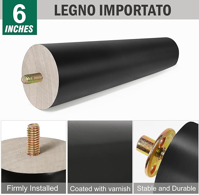 FoDau770 Black Rubber Wood Furniture Legs 6 Inches, Straight Tapered Wood Feet Mid Century Sofa Legs Set of 8, 5/16" UNC Furniture Feet for Cabinet Couch Dresser Chair Ottoman Table