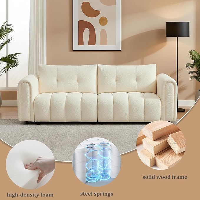 91.5" W Cloud Boucle Sofa for Living Room, Modern Comfy Boucle Couch with Rolled Arms and Soft Pillows, Teddy Oversized Loveseat for Apartment, Studio, Bedroom, Cream White