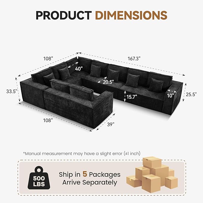 167'' Boneless Chenille U Shaped Couch, Oversized Modular Sectional 9 Seater Sofa, Modern Deep Seat Corner Cloud Compressed Couch, No Assembly Sleeper Sofa with Chaise for Living Room, Black
