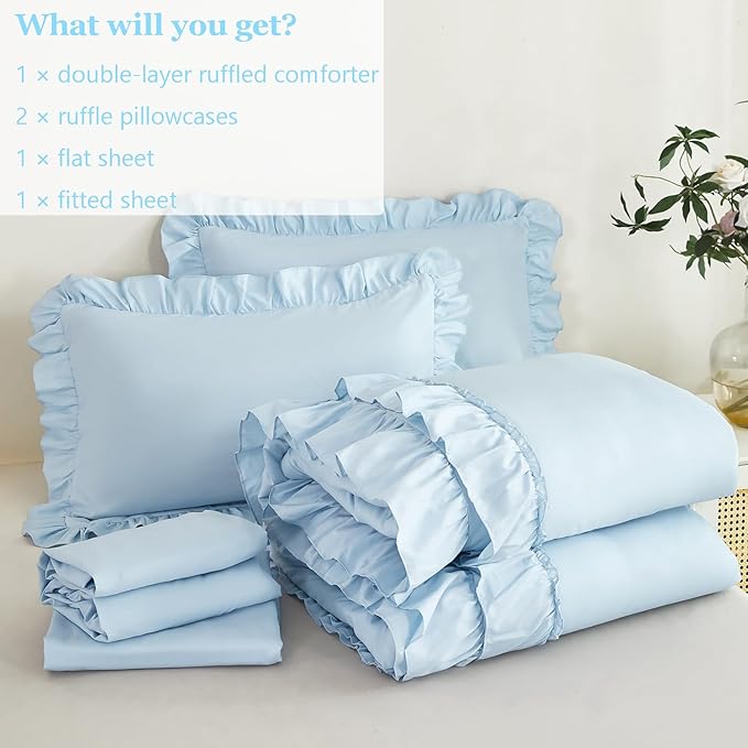 ANGIYUIN Light Blue Ruffled Comforter Set Twin 5Pcs Double-Layer Ruffle Girls Bed in A Bag Soft Lightweight Farmhouse Bed Sets Shabby Fluffy Comforter with Sheets for Kids Girls(Light Blue Twin)