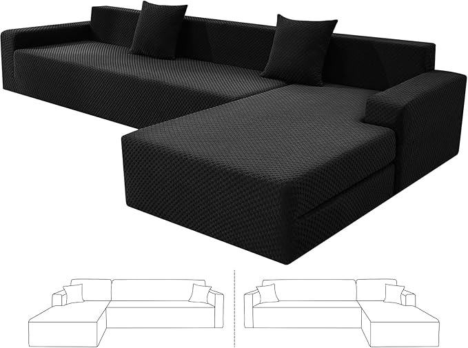 ZNSAYOTX Sectional Couch Covers, Stretch Jacquard Slipcovers with Elastic Bottom for L-Shape Sectional Sofa, 2 Pcs Pet Friendly Modular Sofa Protector (3 Seat Couch + 3 Seat Chaise, Black)