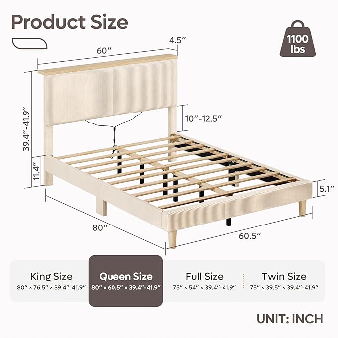 Bestier Queen Bed Frame with Adjustable Headboard & LED Lighting, Corduroy Upholstered Platform Bed Frame with Storage Shelf, Solid Wood Slats, No Box Spring Needed, Never Squeak, Easy Assembly, Beige