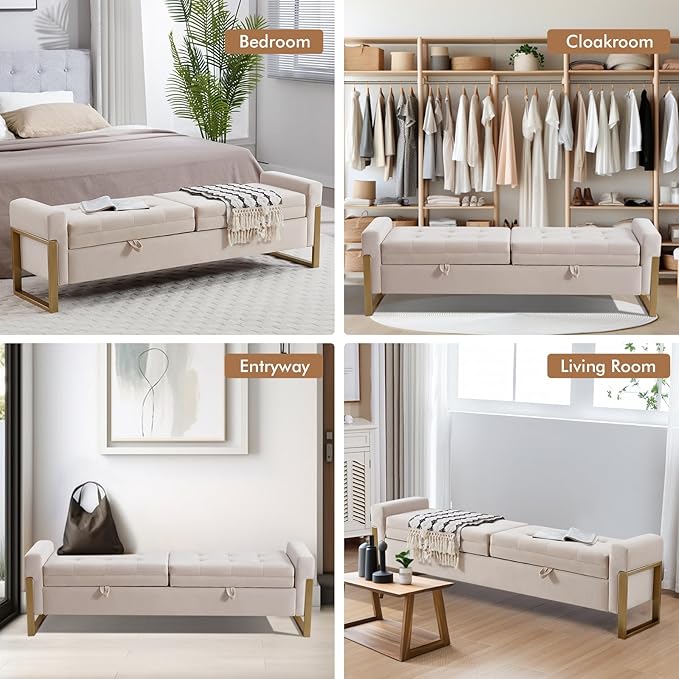 67" Storage Bench for Bedroom End of Bed, Velvet King Size Bed Bench with Double Lids and Gold Legs, Storage Ottoman Bench with Arms for Living Room Window and Entryway, Beige