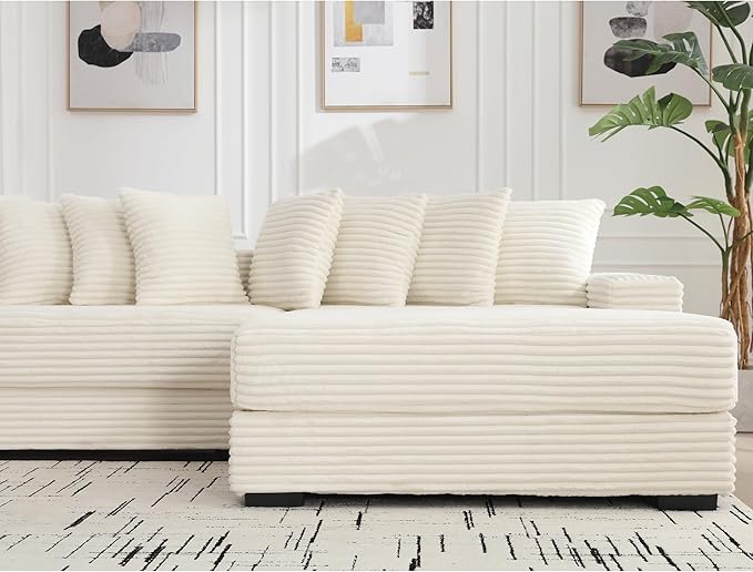 111 Inch Corduroy Sectional Couches for Living Room | L-Shaped Sectional Couch with 8 Pillows | Cloud Couch with Deep Seat | Solid Wood Frame Sofa Beige (Right Facing Chaise)
