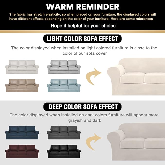PrinceDeco Velvet Couch Covers for Sofa Soft 4 Pieces Couch Covers for 3 Cushion Couch Sofa Pet Friendly Furniture Protector with Non Slip Elastic Bottom Width Up to 90 Inch (Large, Ivory)
