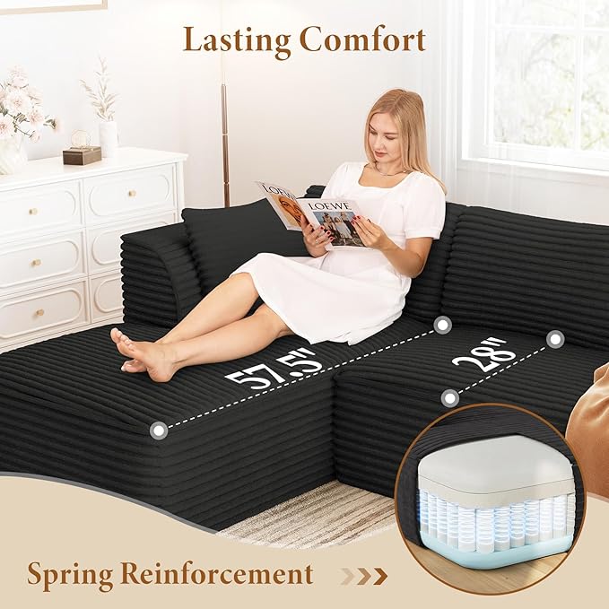 Vesgantti 106" Cloud Sectional Couch with Chaise, Deep Seat Comfy Modular Sectional Sofa Corduroy Memory Foam Boneless Couches for Living Room Bedroom, No Assembly Required (Black, Left-Facing Chaise)