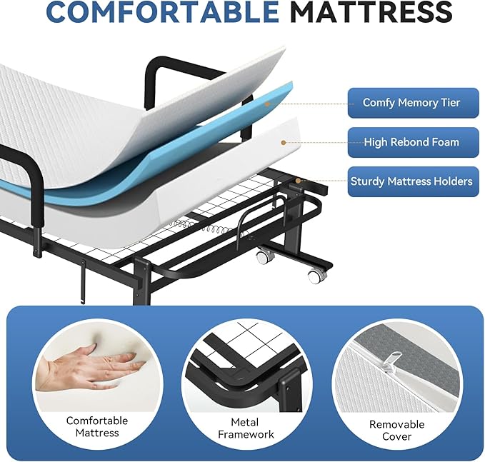 Adjustable Folding Bed with Mattress, 8 Smooth-Rolling Wheels & 2 Armrests, Portable, Foldable Guest Bed for Adults, 75" x 38"